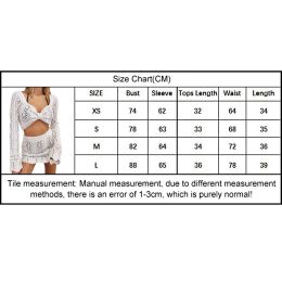 Women Summer 2 PCS Cover-Ups Set White Hollow-Out Knit V-Neck Bow Long Sleeve Crop Tops Wrapped Hip Mini Skirts Set