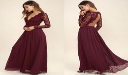 Burgundy Chiffon Bridesmaid Dresses Long Sleeves Western Country Style VNeck Backless Long Beach Lace Top Wedding Party Dresses C1130193