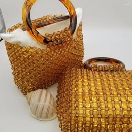 Evening Bags Casual Transparent Handmade Brown Beaded Hand-woven Women's Bag 2024summer Beach Tote For Women Vintage Commuter Purses