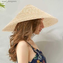 Wide Brim Hats Bucket Hats GEMVIE 2022 New Fashion Women Unique Wheat-straw Bamboo Cone Sunshade Hat Rain Cap Handmade High Quality Y240409