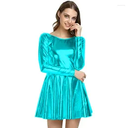 Casual Dresses Punk Vinyl Metallic Mini Dress Women Long Sleeve Round Neck Pleated Shiny Patent Leather Skating Clubwear Vestido