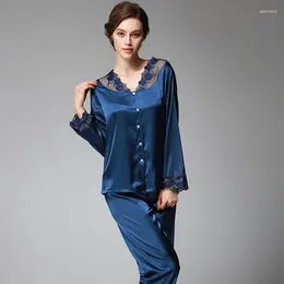 Home Clothing Sexy Lace Slik Two Pieces Pajama Sets For Women Soft Solid Long Pants Tops Sleepwears Suits Homewear Lady 2024 Plus Size