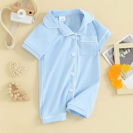 Baby Pajamas Rompers Turn-Down Collar Short Sleeve Sleepwear Buttons Pocket Infant Sleepers Bodysuits