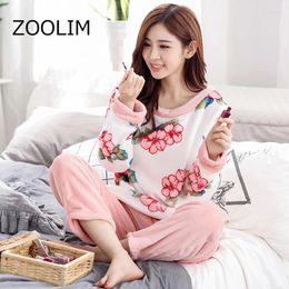 Home Clothing ZOOLIM Winter Thick Warm Flannel Women Sleepwear Flower Print Pajamas Sets Long Sleeve Pyjamas 2 Piece Wear Sleep Lounge