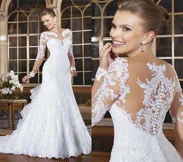 2021 Vintage Romantic Long Sleeves Mermaid Wedding Dresses Applique Lace Sheer Neck Bride Dress vestidos de novia robe de mariage7638265