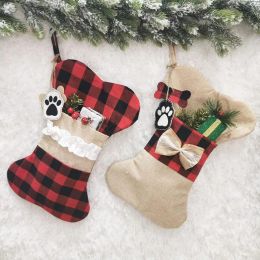 Christmas Pet Stockings Hanging Ornament Cat Dog Plaid Fish Bow Bone Tassels Gift Reusable Bag