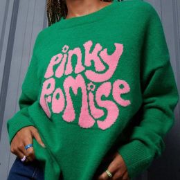 Sweatshirts Green Sweater Women Autumn Winter Simple Pullover Knit Elastic Jumper Casual Thick Pinky Warm Y2k Letter Korean Jacquard Jumpers