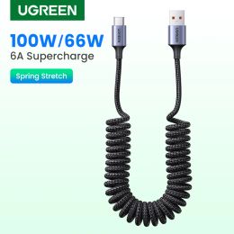 Chargers Ugreen 6a 100w Usb Usb Type C Cable for Huawei Honour Xiaomi 100w/66w Spring Pull Telescopic Fast Charging Car Charger Usb Cable