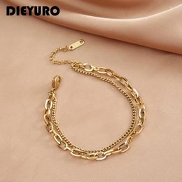 Link Bracelets DIEYURO 316L Stainless Steel Punk 2 Layer Bracelet Simple Irregular Chain Gold Silver Colours Women Men Jewelry Couple