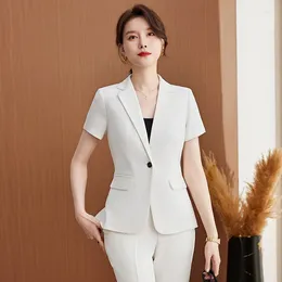 Women's Two Piece Pants Summer Formal White Blazer Women Business Suits Pant And Top Set Short Sleeve Jacket Ladies Office Work Wear Uniform