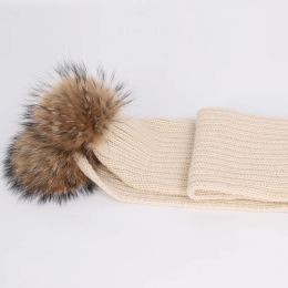 2pcs Children Knitted Beanie Hat Long Scarf Set Infant Baby Fake Fur Ball Pom