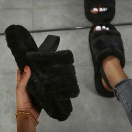 Sandals 2024 Faux Fur Home Slippers Fluffy Non-slip Comfortable Flat Women Printing Cute Slipper Womens Shoes Autumn Plus Size H240409 P24G