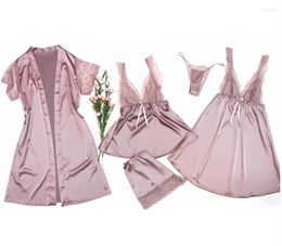 Home Clothing Brand Women's 5 Pieces Pink Pajamas Sets Satin Silk Lingerie Homewear Sleepwear Pyjamas Set Pijamas For Woman
