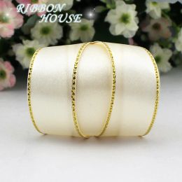 (25 yards/lot) 20/25/40mm satin ribbons cream white gold edge wholesale high quality gift packaging ribbons