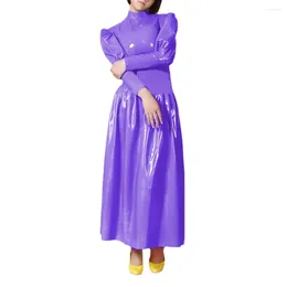 Casual Dresses Elegant Mock Neck Faux PVC Leather Long A-line Dress Wet Look Party Prom Sissy Sexy Sleeve Ankle Length Flared