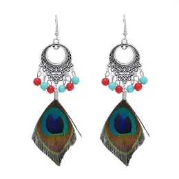 Dangle Earrings Bohemian Traditional Turquoise Beads Peacock Feather Tassel Lady Pendant Party Jewellery