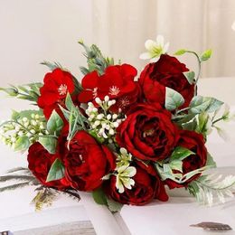 Decorative Flowers Silk Artificial Silver Snow Peonies Bouquet Fake Green Plant Table Decoration Simulation Flower White Peony Floral
