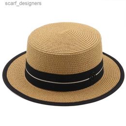 Wide Brim Hats Bucket Hats Simple Summer Womens Boater Beach Hat Wide side Female Casual Panama Hat Lady Classic Flat Bowknot Straw Sun Hat Women Fedora Y240409