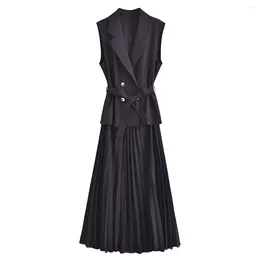 Casual Dresses Women 2024 Fashion Small Pleated Vest Dress Vintage Sleeveless Double Breasted Chic Female Vestidos Mujer
