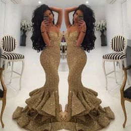 New Mermaid Gold Sequins Bridesmaid Dresses Evening Wear 2024 Lace Appliques Open Back Prom Dress Ruffles Party Pageant Gowns