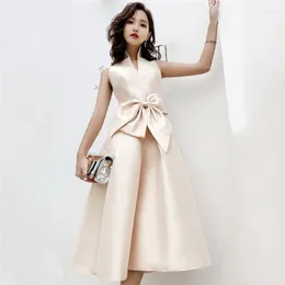 Casual Dresses Party Dress Women Korean Bow Bandage Elegant Slim Champagne Sleeveless 2024 Summer Sexy Fashion Chic Host Vestidos