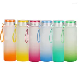 Wine Glasses 17oz Frosted Ombre Gradient Glass Water Bottle Blank Sublimation Skinny Straight Tumbler With Lid And Carry Strap For Gift