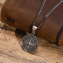 Pendant Necklaces Men Retro Silver Colour Seeker Compass Rock Punk Vintage Metal Stainless Steel Round Coin Collar Gift Jewellery