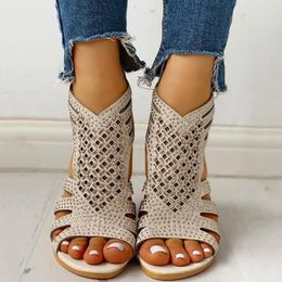Sandals Crystal Hollow Vintage Women'S Heels Slides Shoes Outdoor Zip Up Open Toe Elegant Business Casual Sandal For Women