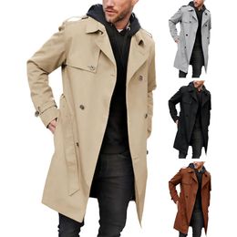 Men Double-breasted Windbreaker Stylish Men's Double-breasted Long Coat with Belt Lapel Collar Pockets for Autumn Winter