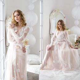 2024 Elegant Evening Dresses V Neck Long Sleeves Appliques Lace Maternity Dress Luxury Lush See Through Gowns To Photography Robes Babyshower