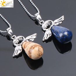 CSJA Angel Natural Stone Necklaces Pink Quartz Lapis Lazuli Necklace Angels Pendants for Women Purple Female Jewellery E947