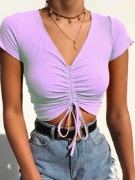 Women's Tanks Camis Sexy V-neck Cropped Tank Tops Womens Brushed Tie Front Camis Candy Colour Street Clothing Slim Edge Crop Top 2022 J240409