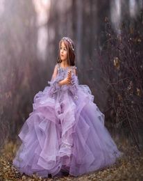 Purple Flower Girl Dresses Organza Beads Little Girls Pageant Dresses Long Sleeve Princess Children Wedding Gowns Flower Girl Dres7543665