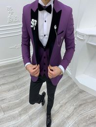 Customized Groom Wedding Tuxedos Purple 3 Pieces Slim Fit Pant Suits Prom Party Business Suit Outfit Jacket Vest Black Pants 8138967