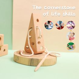 Wooden Lacing Cheese Threading Toys for Toddlers Montessori Wood Cheese Block Puzzle Travel Game Early Learning Birthday Gift