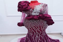 2021 Plus Size Arabic Aso Ebi Burgundy Mermaid Luxurious Prom Dresses Beaded Lace Sexy Evening Formal Party Second Reception Gowns2065268