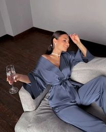 Kimono Style 2024 Womens Matching Set Pyjamas With Belt Satin 2 Pieces Suit Soft Loose Pyjamas Sleepwear Female Home Clothes 240409