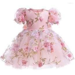 Girl Dresses 2024 Summer Girls Dress Rose Print Bow Mesh Princess For 1-6 Years Old Kids Christmas Birthday Party Fashion Gown