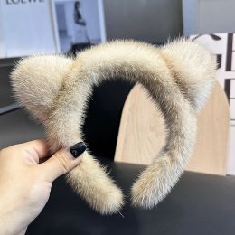 Cute Real Mink Fur Cat Ears Headband For Women 100%Fur Plush Hair Accessories Solid Head Wraps Luxury Girlfriend Gift Winter