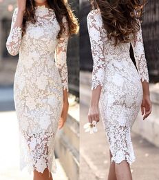 Knee Length Lace Wedding Dresses 34 Long Sleeves Sheath Short 2019 New Modern Design Bridal Gowns Vestido de noiva Custom Size2023234