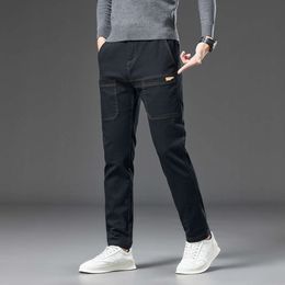 Autumn and Winter Grey Men's Elastic Waist Casual Pants with Six Pockets Design, Men's Straight Leg Pants, Fashionable and Versatile Pants