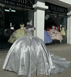 Fabulous Sier Princess Kleider Prom Ball Kleid von Schulter Pailletten applizierte Vestido de Quinceanera Satin Masquerade Kleid