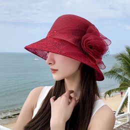 Vintage Elegant Flower Organza Sun Hats Ladies Wedding Party Floppy Church Hat For Women Summer AntiUV Travel Beach Caps240409