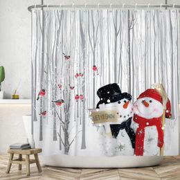 Shower Curtains Christmas Curtain Happy Snowman Snowflakes Winter Holiday Forest Snow Scene Bathroom Decor Fabric With Hooks