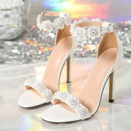 Dress Shoes Liyke Sexy Crystal Flower Ankle Strap White Sandals For Women Wedding Prom Fashion Open Toe Gladiator High Heels Sandalias H240409 L6H5
