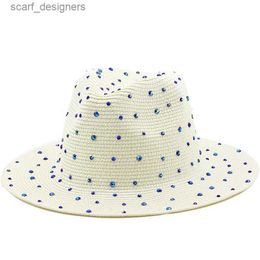 Wide Brim Hats Bucket Hats Luxury diamond Panama Soft Shaped Straw Hat Summer Women Wide Brim Beach Sun Cap UV Protection Girl Fedora Hat Y240409
