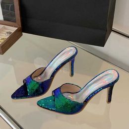 Dress Shoes Liyke Sexy Pointed Toe Mules High Heels Women Slippers Silver Snake Print Leather Summer Party Banquet Ladies Sandalias H240409 QDSS