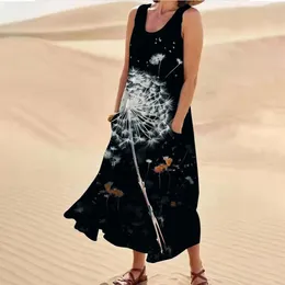 Casual Dresses Printed Beach Tank Long Dress For Women Summer O-Neck Sleeveless Maxi Ladies Loose Pockets Female