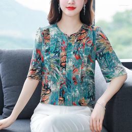 Women's Blouses 2024 Summer Style Versatile Printed Round Neck Fashion Casual Short Sleeves Loose Set Transparent Chiffon Tops