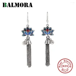 Dangle Earrings BALMORA S925 Silver Vintage Enamel Lotus Flower Earring For Women Girl Tassel Bead Hollow Long Dangler Daily Jewelry
